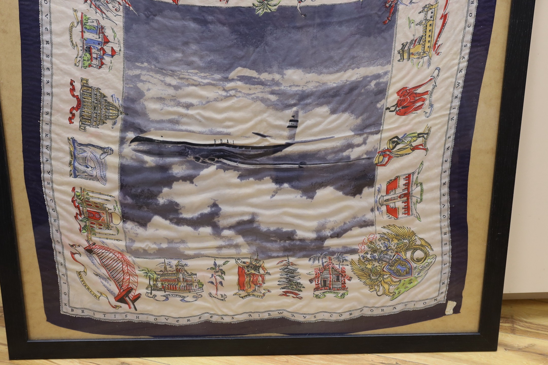 A hand coloured BOAC scarf, framed